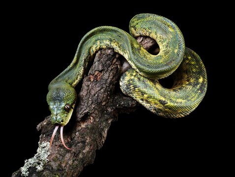 Green tree python coiled on a branch, tongue flicking, isolated on black background.