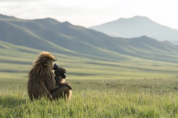 A female baboon cradles her baby in a grassy savanna, mountains in the background.