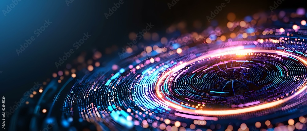 Poster futuristic circular technology pattern with glowing neon lights and digital particles creating dynam
