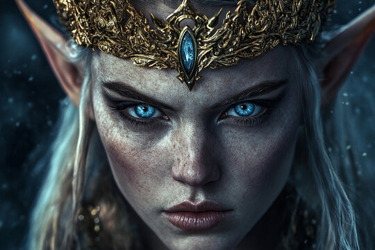 Enigmatic elf queen gazes fiercely with striking blue eyes and elaborate crown in a fantasy setting