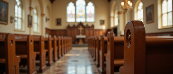 Interior view of a serene church featuring wooden pews arranged in rows and a beautifully lit altar displaying a cross, creating a peaceful atmosphere suitable for worship