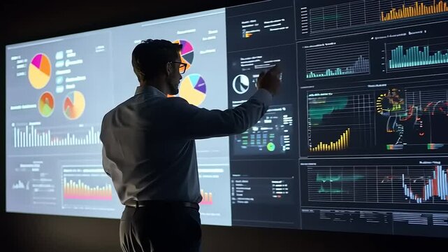 Business professional analyzing data trends on a digital screen in a modern office environment (1)