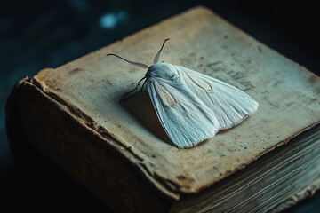 White moth resting on an old, worn book in a dimly lit room during evening hours