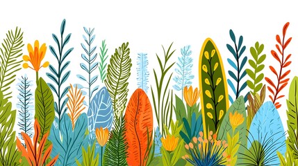 Fototapeta premium Vibrant Illustration of Colorful Leaves and Flowers in Nature Scene