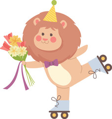 Lion On Roller Skates With Birthday Flowers Bouquet