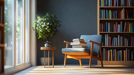 Fototapeta premium Cozy reading nook with armchair, books, plant, and bookshelf near window.