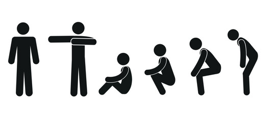 a group of people in different poses, a man standing, bent over, sitting, a pictogram of a human figure, a stick man, a flat vector illustration highlighted on a white background, 