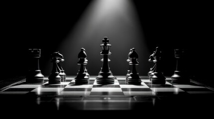 A dramatic black and white chess scene highlighting strategic gameplay.