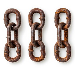 Fototapeta premium Three Rusty Chains Linked Together Against White Background