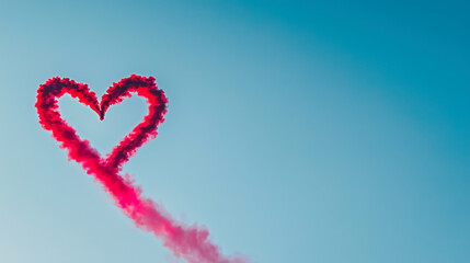Fototapeta premium A clear blue sky with a red smoke trail in the shape of a heart