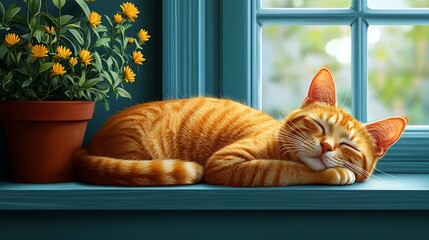 Charming vector illustration of a cat napping in a sunny window ideal for home and pet themed projects