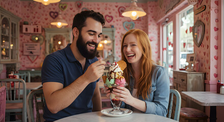 Happy couple enjoying delicious ice cream sundae together in a charming pink cafe romantic dessert date sweet treat fun yum on transparent background
