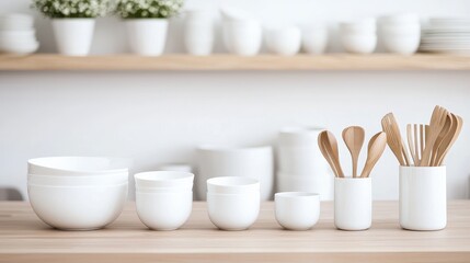 White ceramic bowls & wooden utensils on kitchen counter