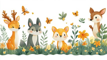 Charming vector illustration of a forest with various animals suitable for children's books and nature themes