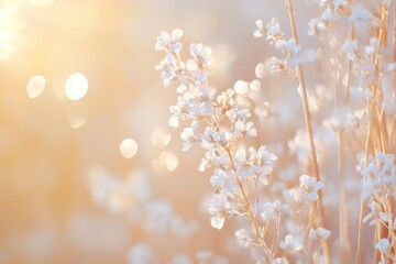 Delicate white flowers in golden sunlight field background