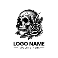 Skull and Rose Logo  Black and White Vector Tattoo Sketch  Gothic Floral Illustration