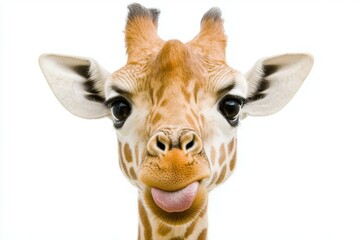 Adorable giraffe calf sticking out tongue against white background