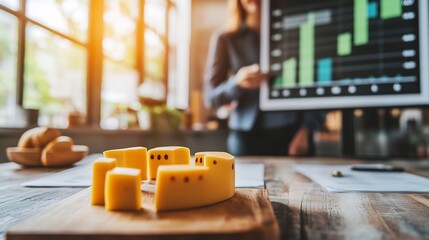 Dynamic image of entrepreneur pitching their low cost business model to investors modern office engaging conversation financial charts on screen