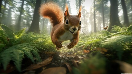 Fototapeta premium Playful Red Squirrel Running Through Forest Path