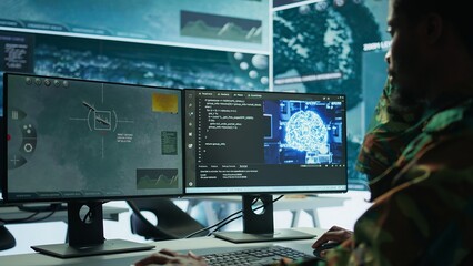 Cybersecurity expert oversees intelligence gathering through AI brain visualization and neural...