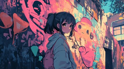 Fototapeta premium Anime Girl Standing Near Vibrant Graffiti Art