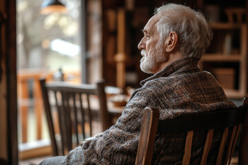 thoughtful elderly man sitting alone in cozy setting, reflecting on memories. warm atmosphere evokes sense of nostalgia and tranquility