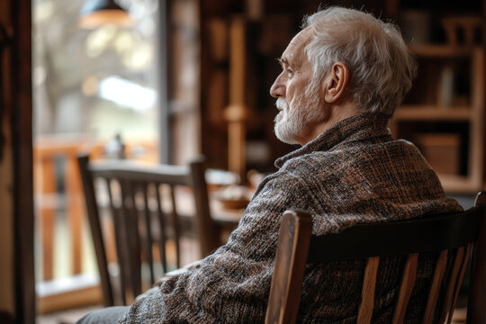 thoughtful elderly man sitting alone in cozy setting, reflecting on memories. warm atmosphere evokes sense of nostalgia and tranquility