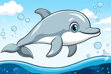 Obraz premium Cartoon dolphin is swimming in the ocean