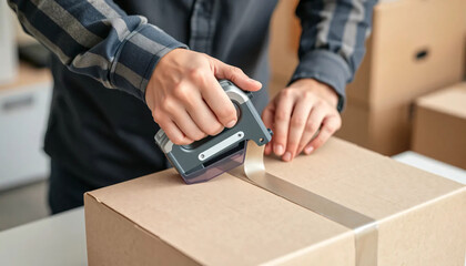 Professional Hands Using Tape Dispenser to Seal Cardboard Box in Moving Context