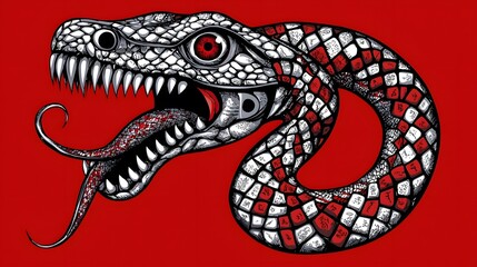 Obraz premium Detailed Artistic Representation of a Fierce Snake on Red Background