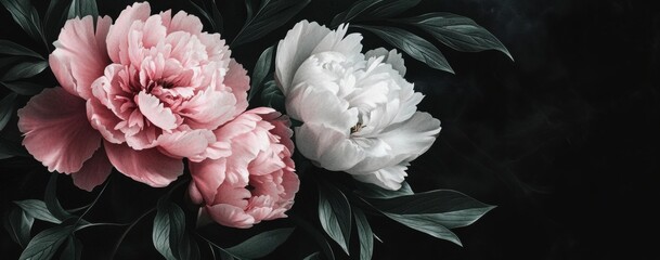 Peony flowers in pink and white on a dark background, a floral composition with large peonies and green leaves Generative AI