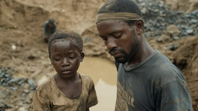 A solemn portrait of a father and son in a mining site, showcasing their resilience and hard work amidst challenging conditions in a rural landscape.