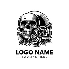 Skull and Rose Logo  Black and White Vector Tattoo Sketch  Gothic Floral Illustration