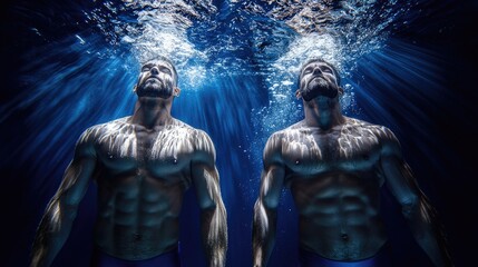Fototapeta premium Underwater, muscular men ascend, sunbeams, dark blue