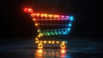 Colorful illuminated shopping cart against a dark background, symbolizing online shopping trends