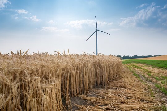 Golden Wheat Field and Wind Turbine coexisting, symbolizing sustainable farming, renewable energy, and eco-friendly agriculture under a bright blue summer sky.