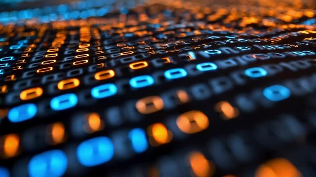 Glowing binary code streams across screen, digital background, tech concept