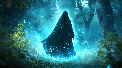 Mysterious ghostly figure in enchanted forest at dusk with glowing aura. Phantom Monarchs. Illustration
