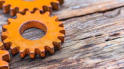Orange Gears on Weathered Wooden Surface for Industrial Design