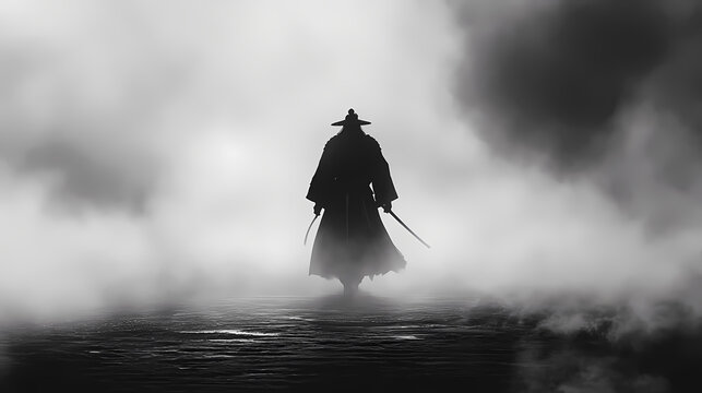 Shrouded in enigmatic shadows:a ronin's eerie wandering in the mist. Phantom Monarchs. Illustration
