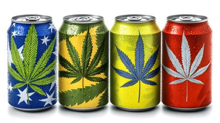 Fototapeta premium Colorful Cans with Cannabis Leaf Designs and Dew Drops on Surface