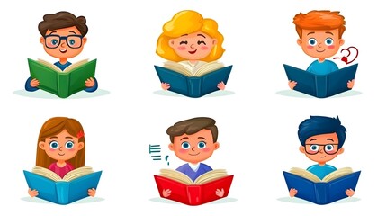 Cartoon Children Reading Books in Colorful Illustrations