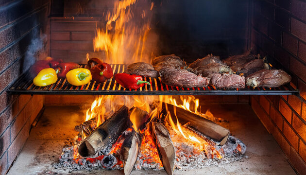 Grilled meats and vegetables are sizzling over an open flame on the barbecue.	