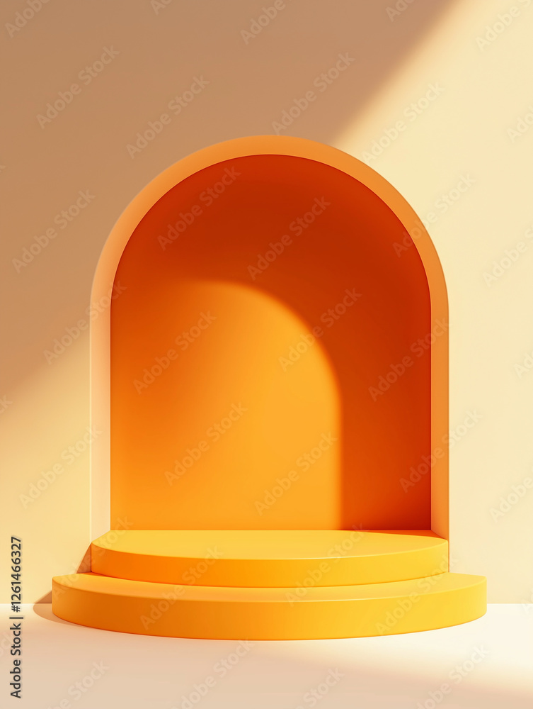 Poster orange podium displaying products inside arch on wall with sunlight creating shadows