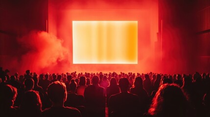 Large crowd silhouetted against a bright screen in a red-lit auditorium. Ideal for concepts of audience, performance, or presentation.