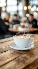 Fototapeta premium Steaming latte art coffee cafe; blurry background