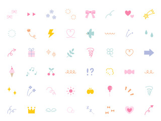 Obraz premium かわいいアイコンセットのベクターイラスト。飾り、ハート、シンプル、リボン、音符 