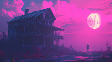 A chilling encounter illustration of a spooky phantom floating near an abandoned mansion under a full moon. Phantom Monarchs. Illustration