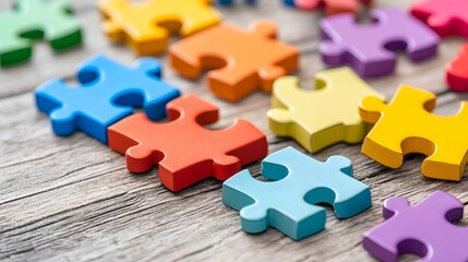 Fototapeta premium Colorful Puzzle Pieces Stacked on Wooden Background for Playtime Fun