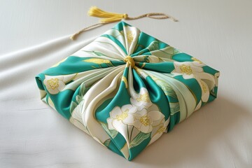 A zero-waste gift wrapped in a floral Furoshiki scarf.